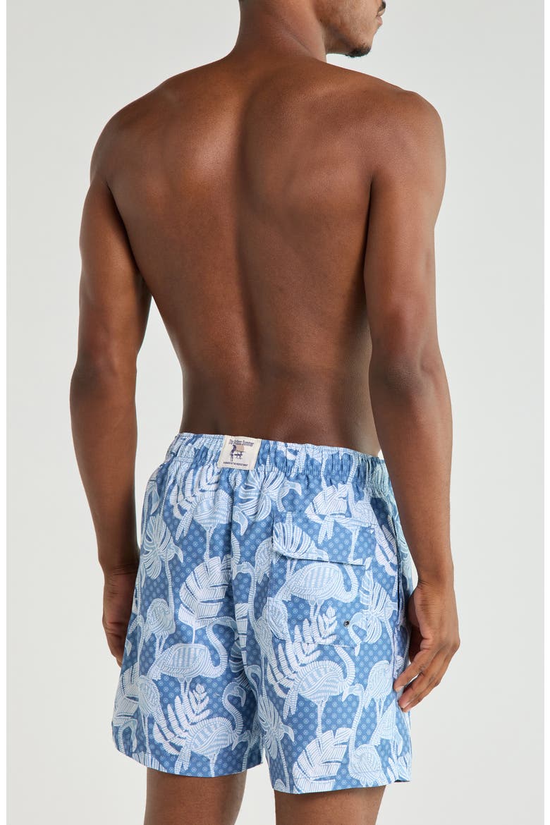 Flamingo Print Volley Swim Trunks, Alternate, color, DENIM