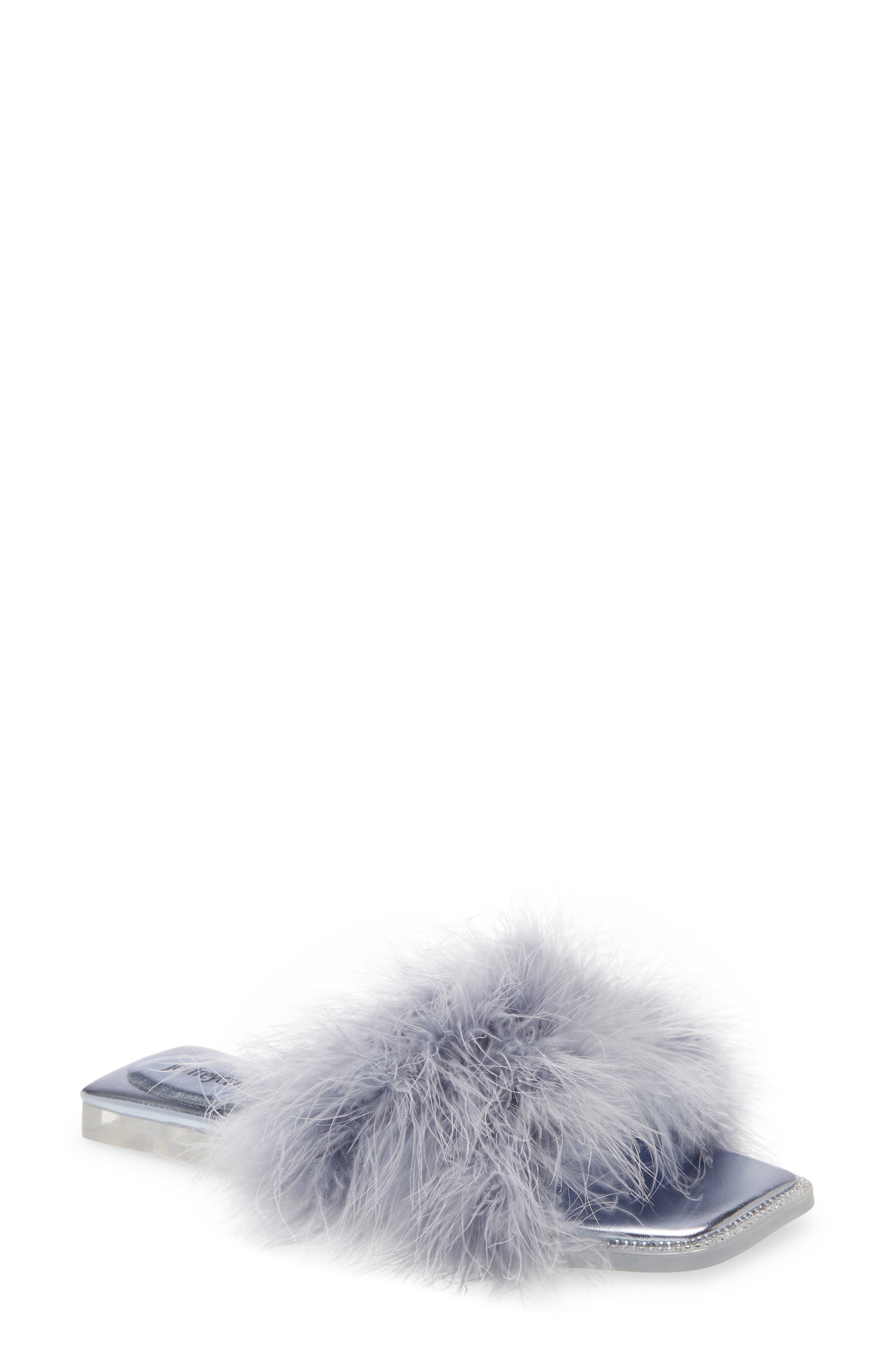 Crush On U Slide Sandal, Main, color, BLUE METALLIC BLUE FAUX FUR