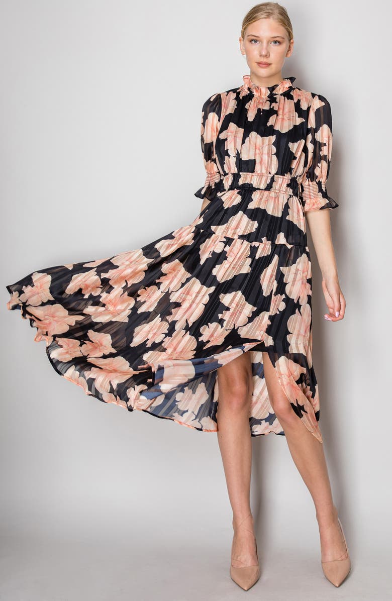 MELLODAY Mock Neck Elbow-Length Sleeve Floral Print Midi Dress, Alternate, color,