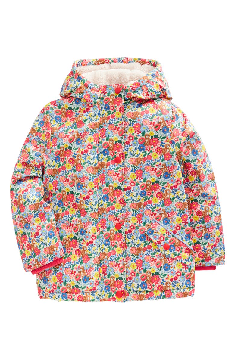 Mini Boden Kids' Floral High Pile Fleece Lined Hooded Jacket, Main, color, 