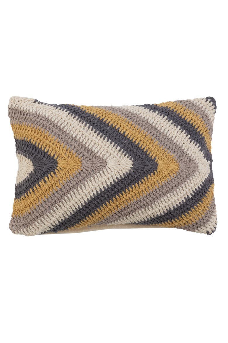 Cotton Crocheted Lumbar Pillow with Chevron Pattern, Multicolor, Main, color, Grey