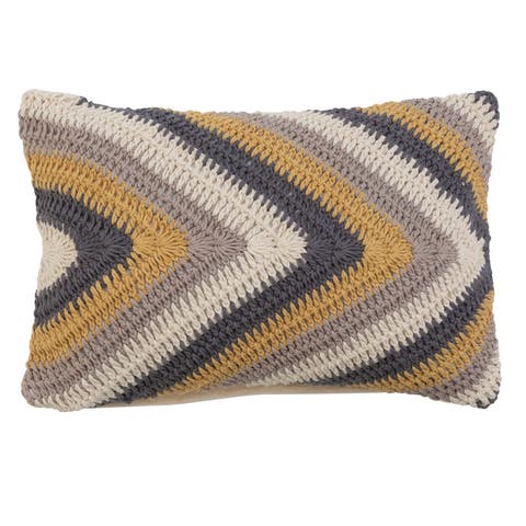Cotton Crocheted Lumbar Pillow with Chevron Pattern, Multicolor