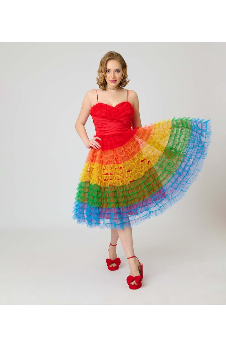 Unique Vintage Tulle Sweetheart Cupcake Swing Dress, Alternate, color, Red Rainbow Stripe