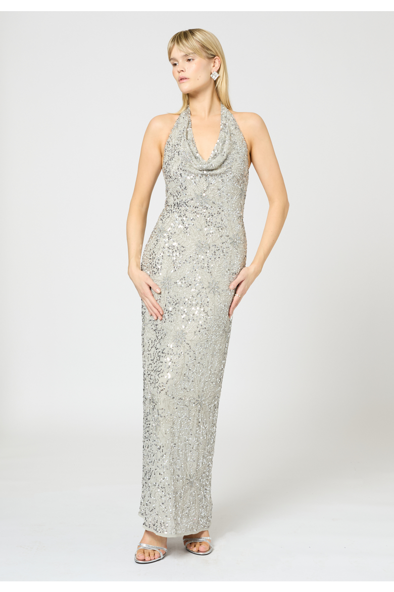 Embellished Sequin Beaded Maxi Dress With V Cowl Neck, Alternate, color, LIGHT GREY