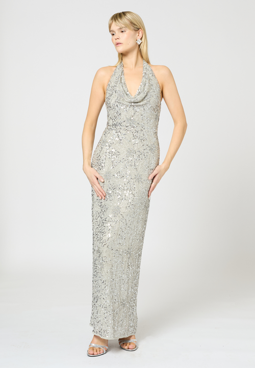 Beauut Embellished Sequin Beaded Maxi Dress With V Cowl Neck In Gray