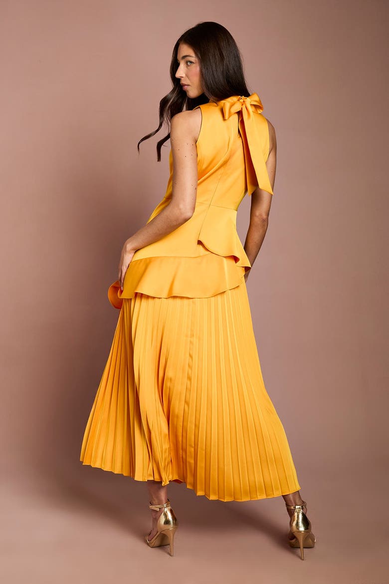 Satin Crepe High-Neck Pleated Maxi Dress, Alternate, color, Orange