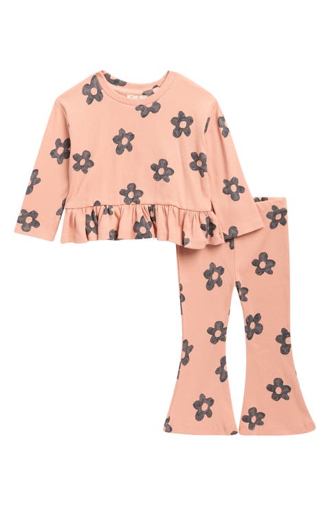 Rib Knit Peplum Top & Wide Leg Pants Set (Toddler)