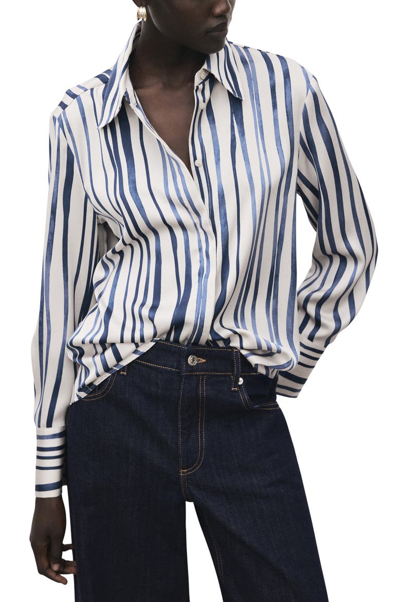 Stripe Satin Button-Up Shirt, Main, color, NAVY