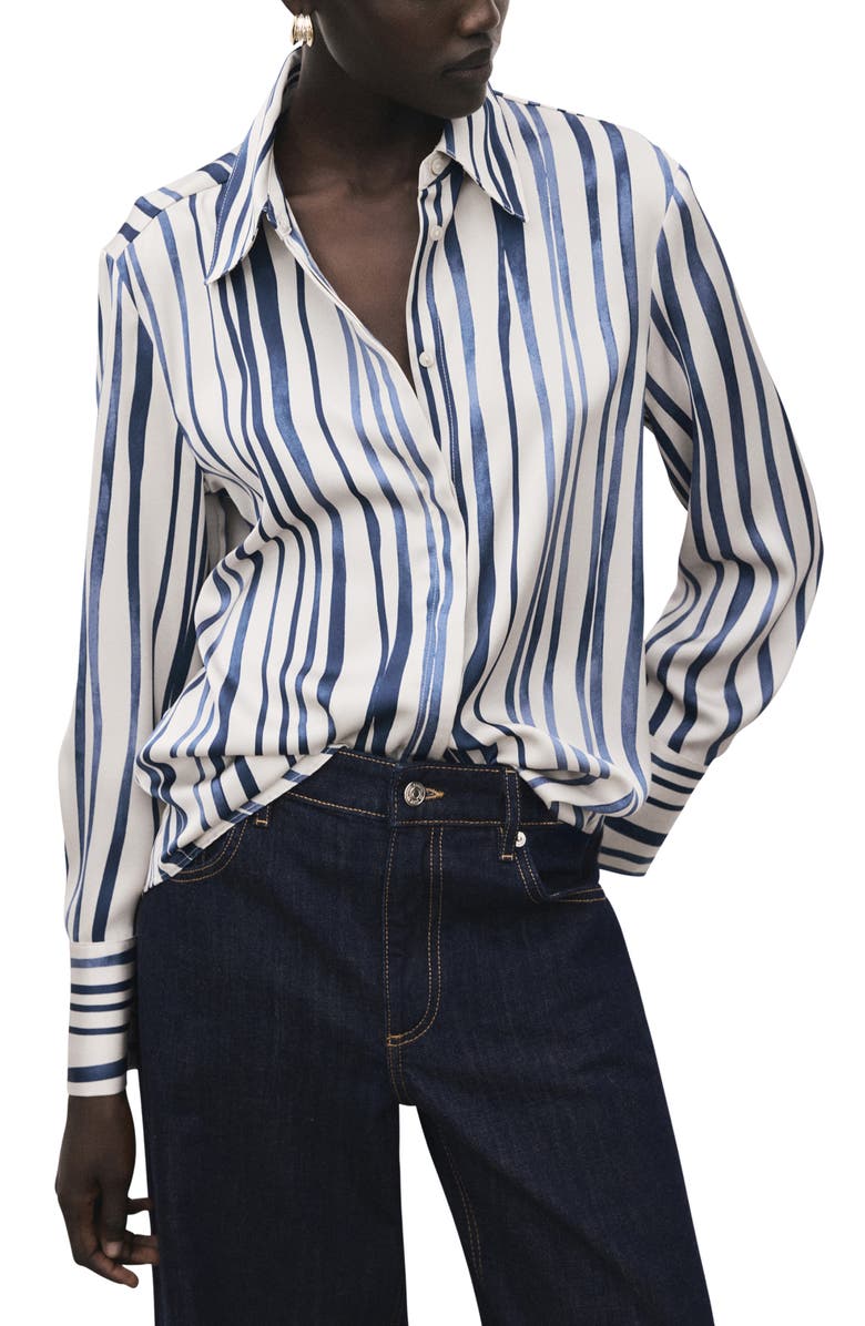 MANGO Stripe Satin Button-Up Shirt, Main, color, Navy
