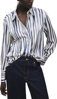 MANGO Stripe Satin Button-Up Shirt
