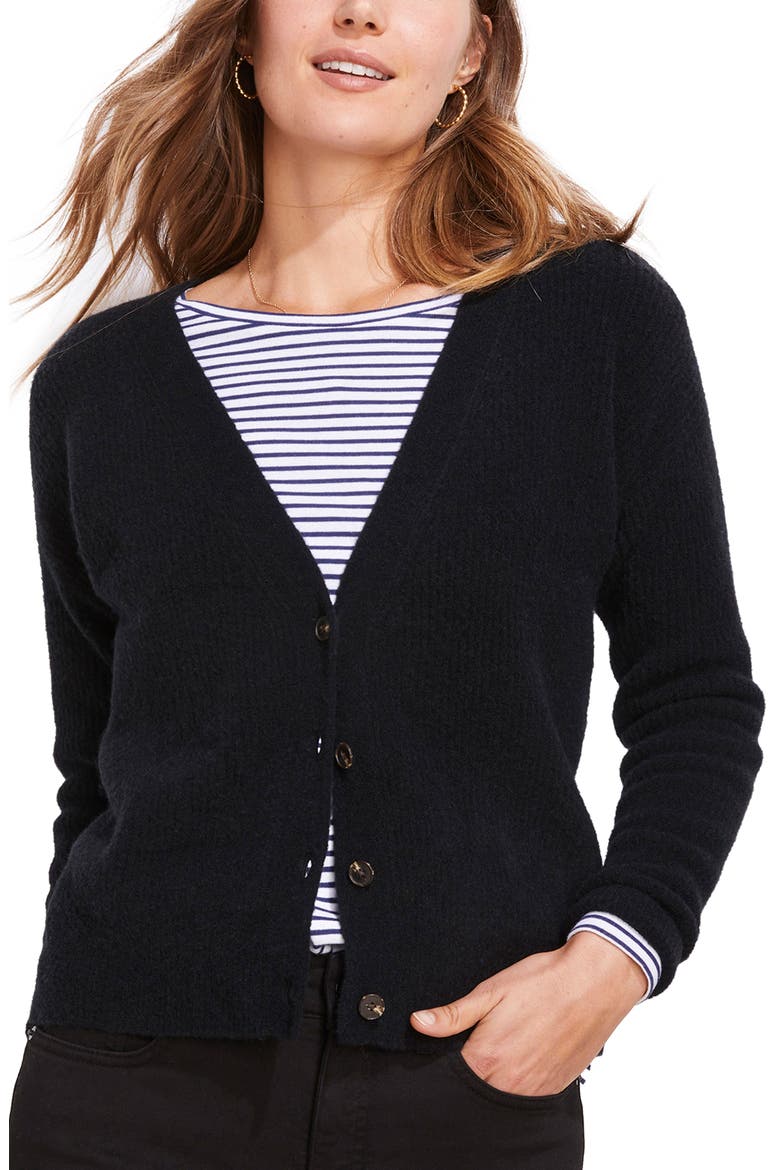 Plush Rib V-Neck Wool Blend Cardigan, Main, color, JET BLACK