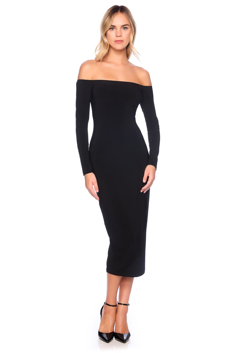 Off the Shoulder Long Sleeve Matte Jersey Maxi Dress, Alternate, color, BLACK
