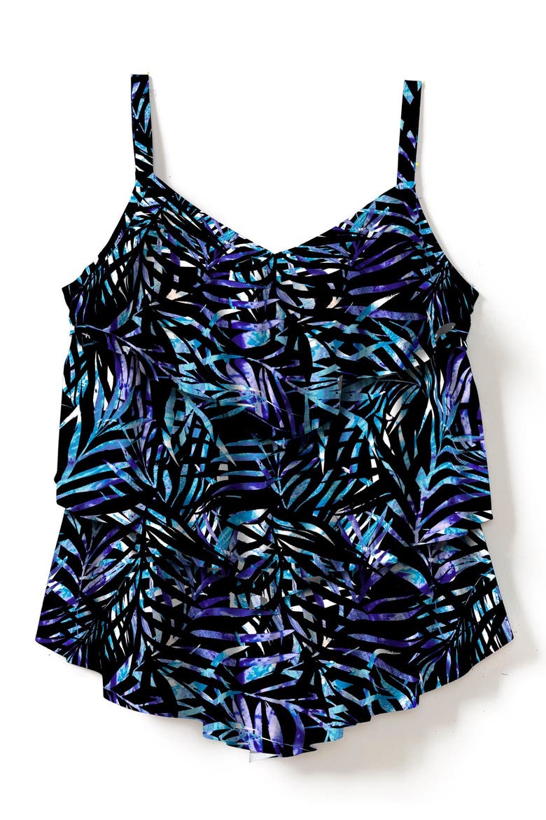 Longer Length V Neck Tiered Ruffle Tummy Control Tankini Top, Alternate, color, BLUE PAINTERLY LEAVES