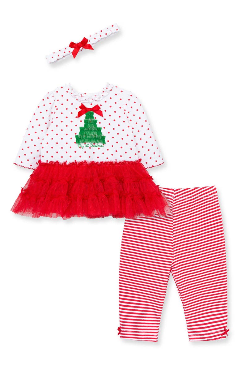 Little Me Christmas Tree Embellished Top, Leggings & Headband Set, Main, color, 