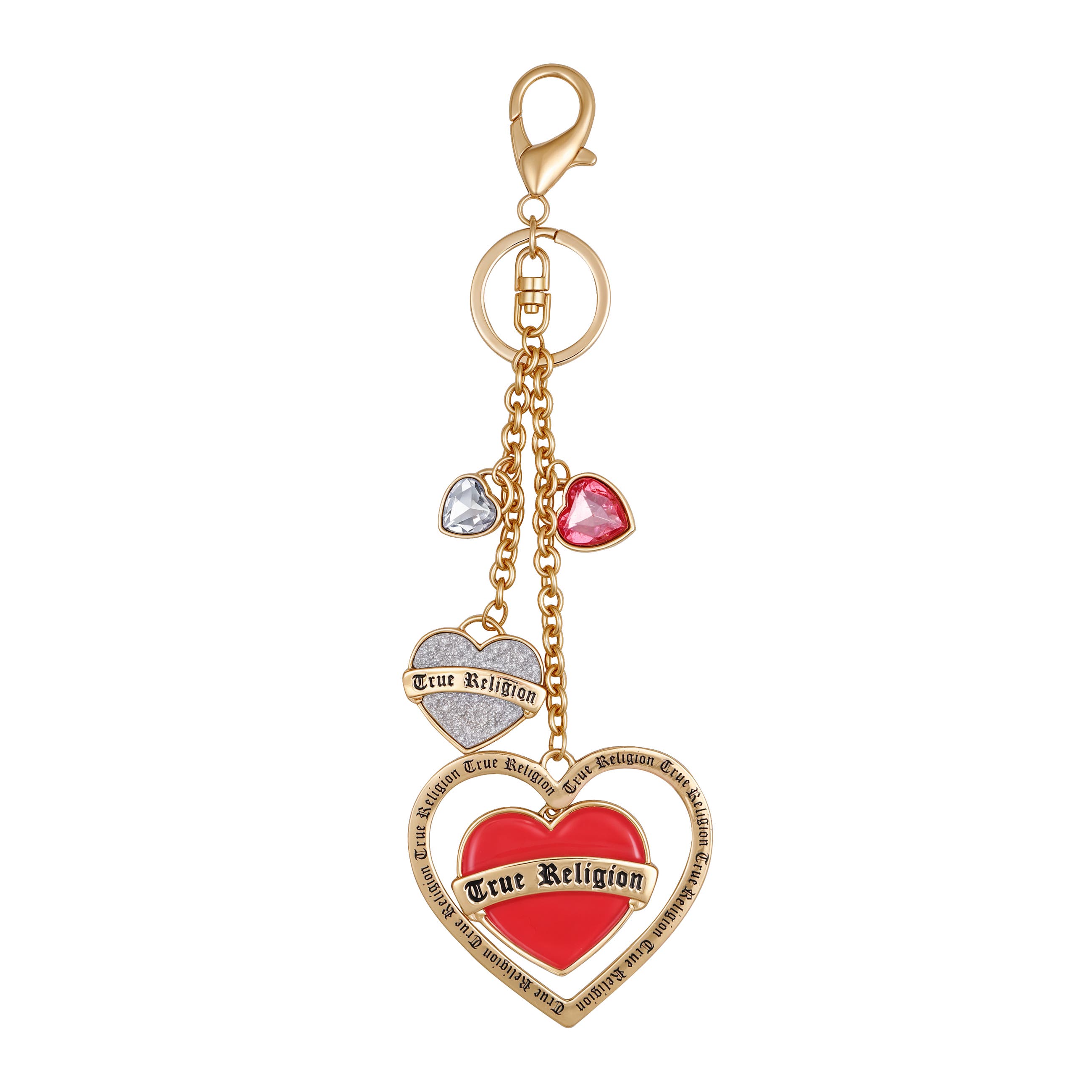 True Religion Triple Heart Logo Keychain, Main, color, Gold Tone