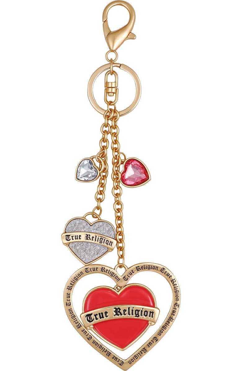 True Religion Triple Heart Logo Keychain, Main, color, Gold Tone