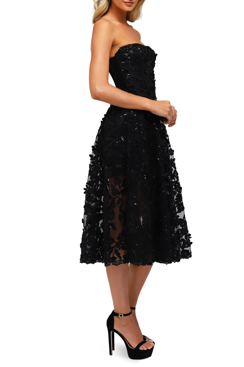 Florence Sequin Floral Strapless Midi Dress, Alternate, color, BLACK