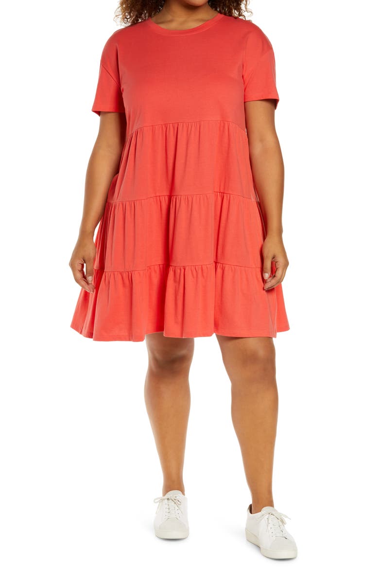 Tiered T-Shirt Dress, Main, color, RED CAYENNE
