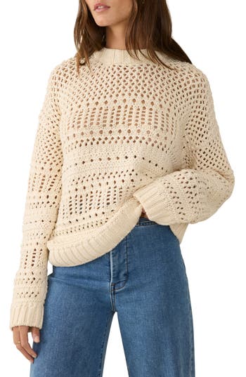 Faherty Whitecap Open Stitch Cotton Crewneck Sweater In Beige