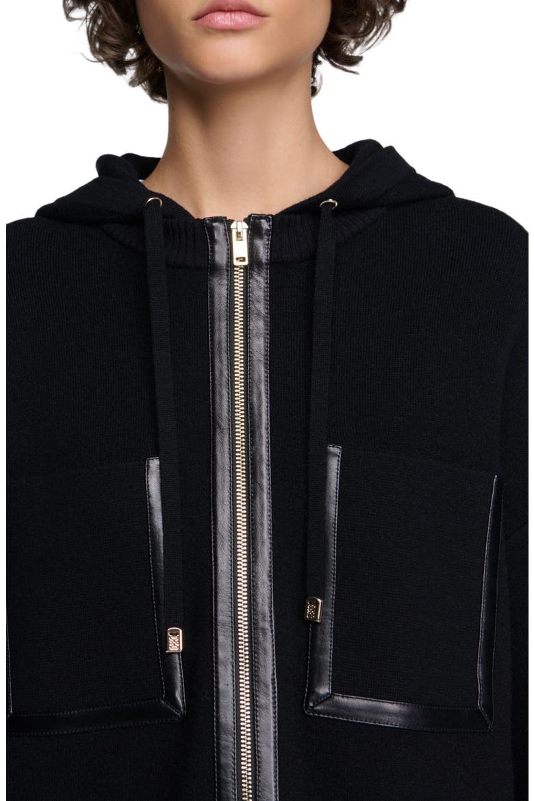 Hooded cardigan, leather details, Alternate, color, Black