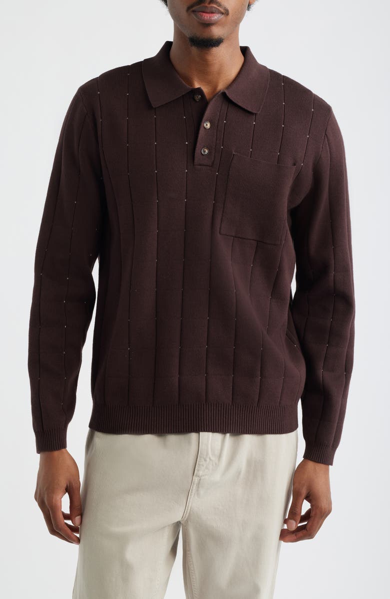Topman Pointelle Long Sleeve Polo, Main, color, Brown