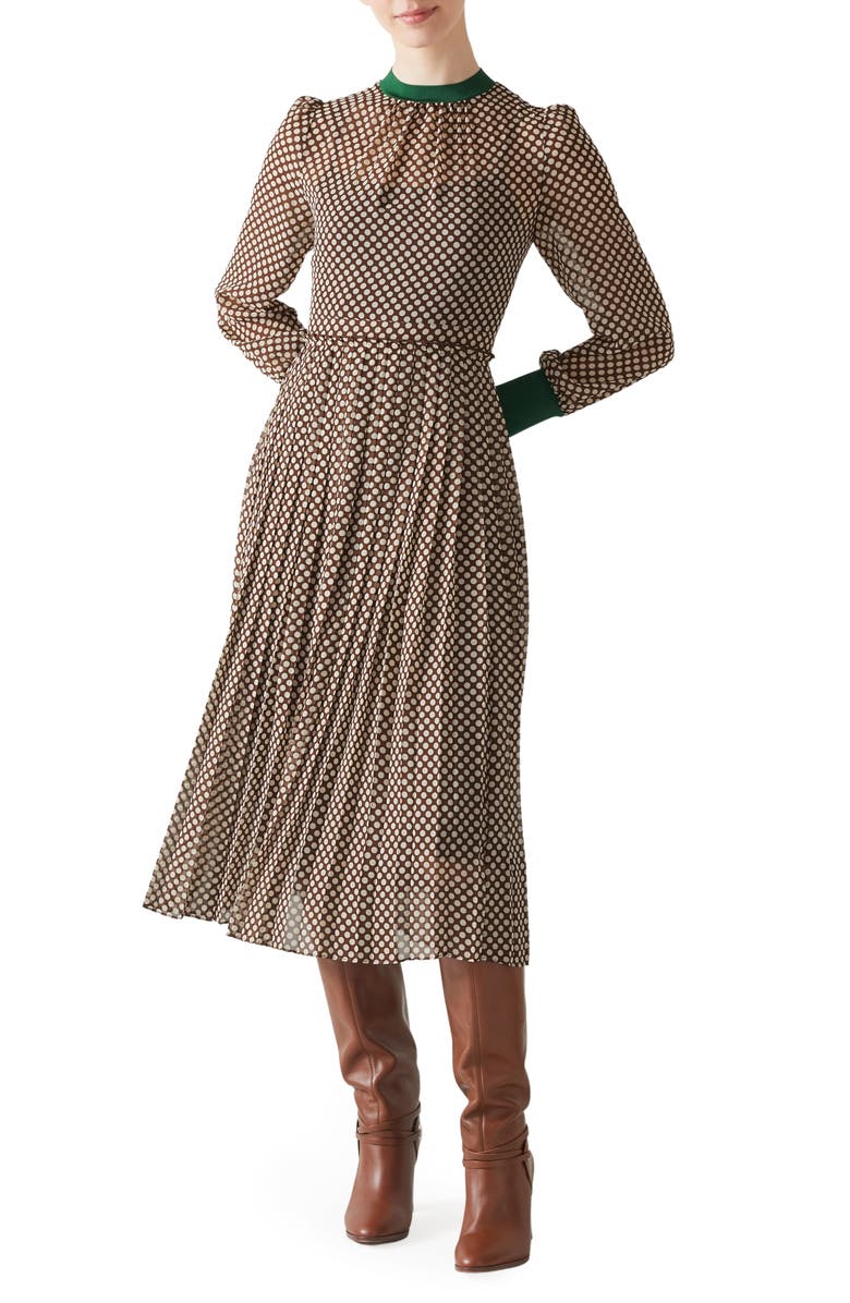 LK Bennett Marianne Pleated Long Sleeve Midi Dress, Main, color,