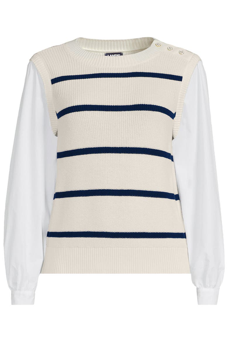 Plus Size Drifter Shaker Button Shoulder Sweater Vest with Poplin Sleeves, Alternate, color, Fresh Ivory/Navy Stripe