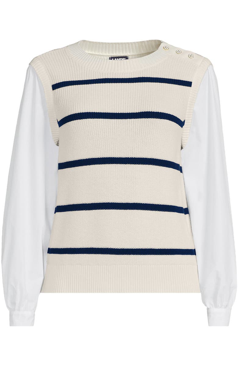 Lands' End Drifter Shaker Button Shoulder Sweater Vest with Poplin Sleeves, Alternate, color, Fresh Ivory/Navy Stripe