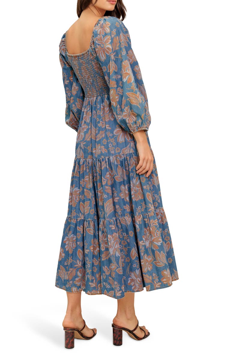 FLYING TOMATO Floral Balloon Sleeve Chambray Midi Dress, Alternate, color, Chambray