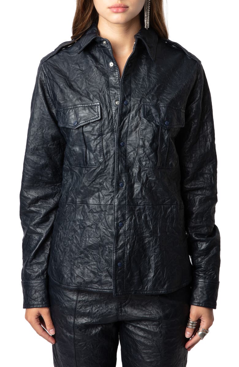 Zadig & Voltaire Taska Cuir Froisse Leather Snap-Up Shirt, Main, color,