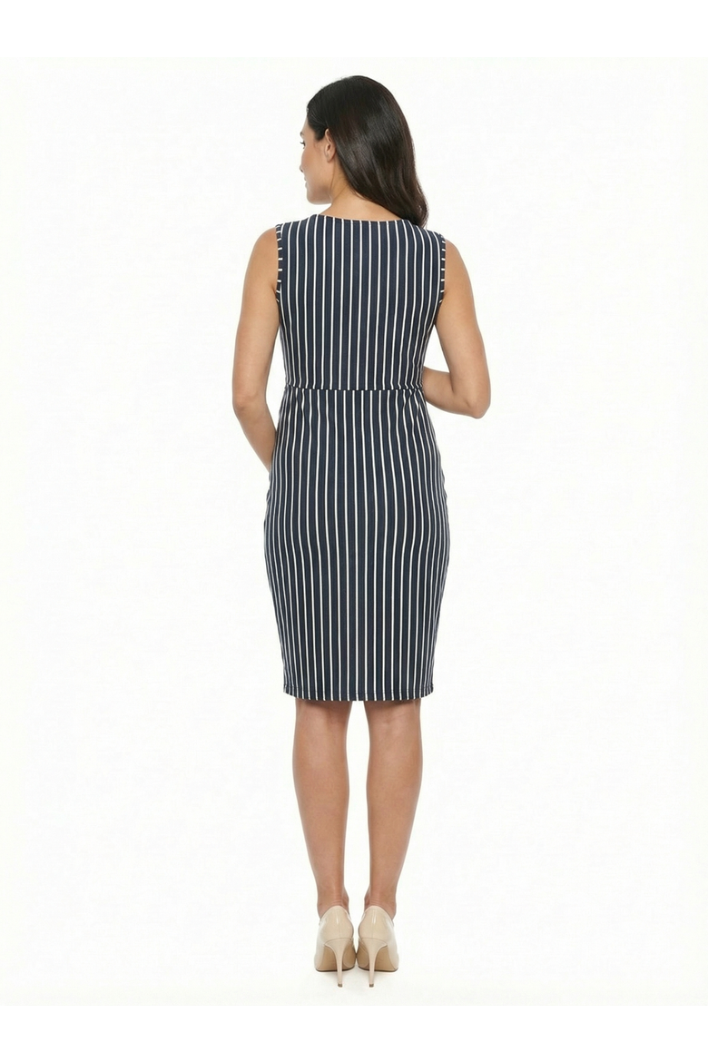 Maternity Striped V-Neck Sleeveless Faux Wrap Tulip Hem Midi Dress, Alternate, color, Navy Multi