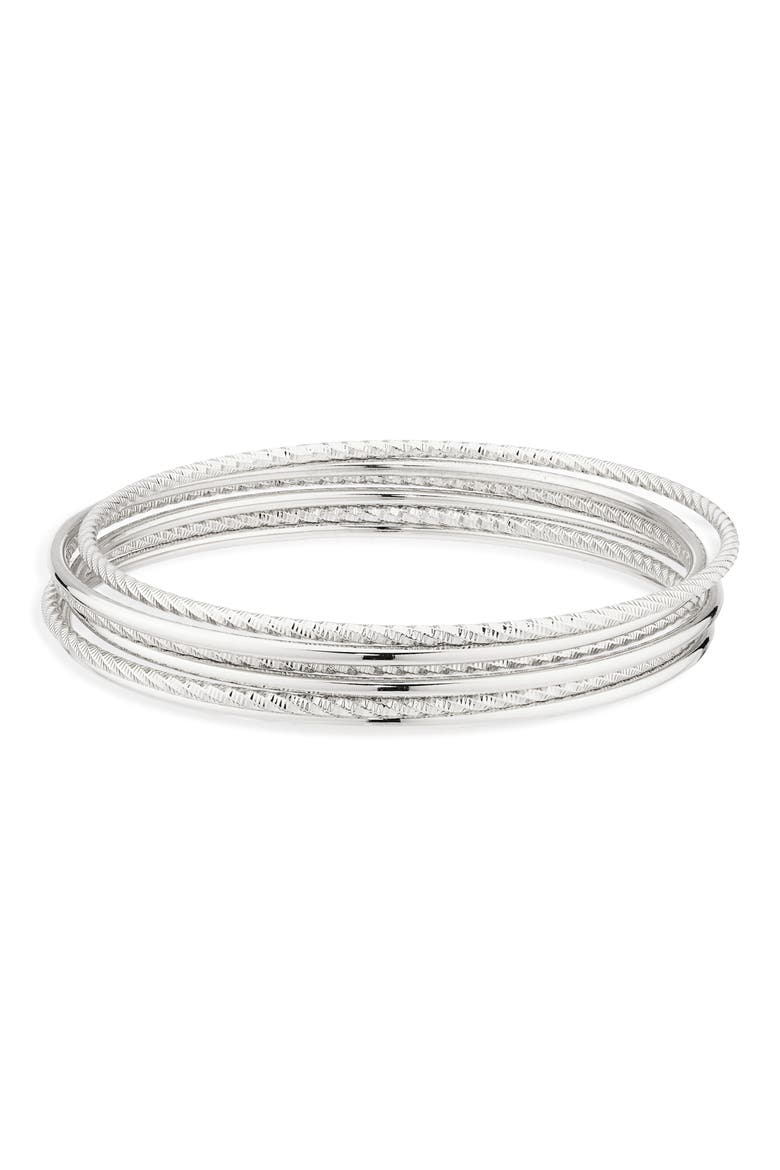 Set of 5 Mixed Texture Bangle Bracelets, Main, color, SILVER