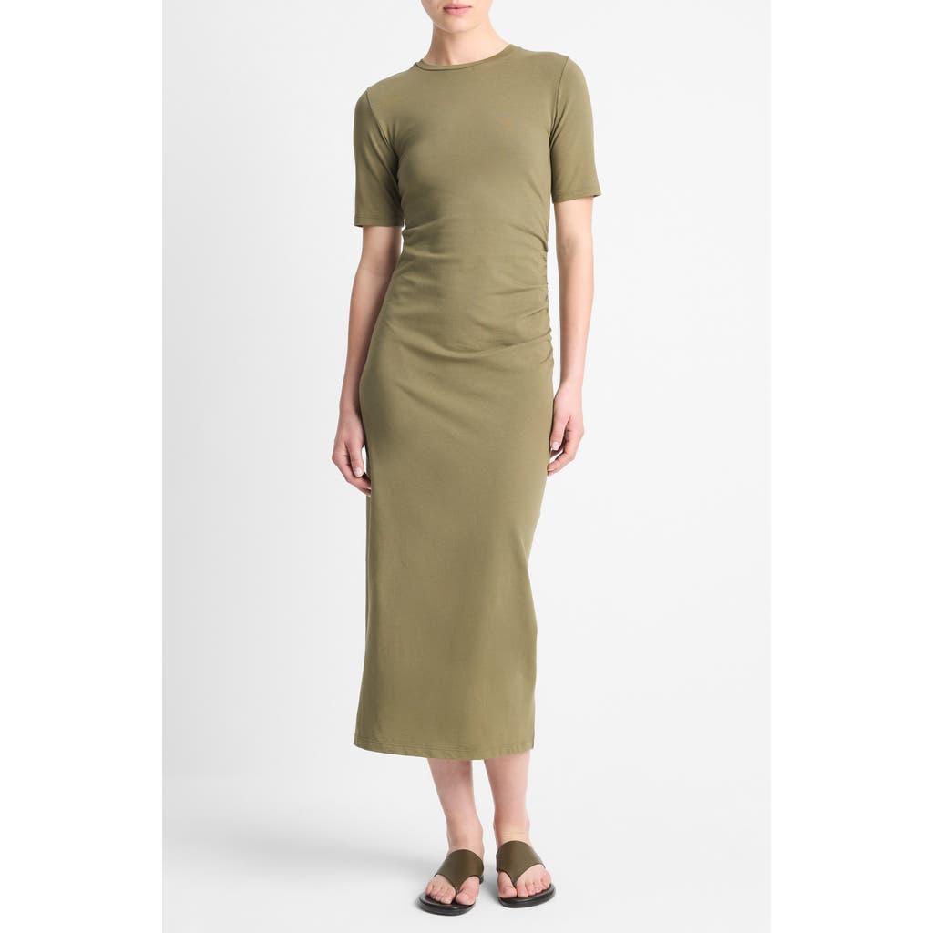 Vince Short Sleeve Midi Dress In Olive Smoke