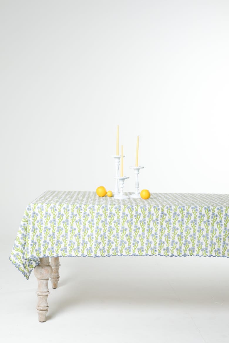 Forget-Me-Not Scallop Embroidered Blockprint Tablecloth, Alternate, color, 70x120