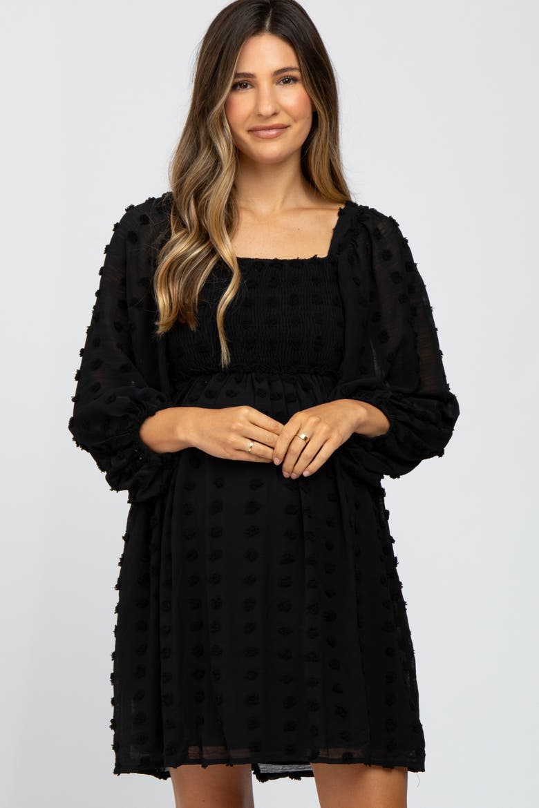 Textured Dot Smocked Square Neck Chiffon Dress, Alternate, color, Black