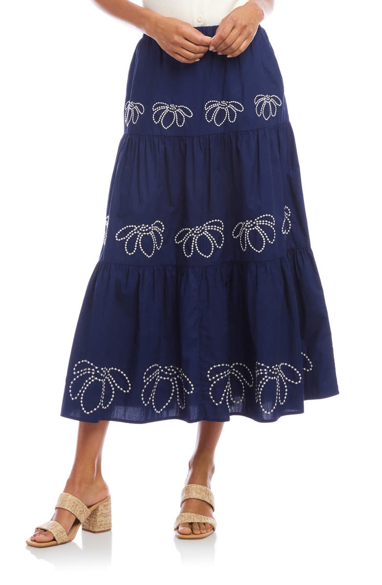 Karen Kane Embroidered Tiered Cotton Midi Skirt, Main, color,