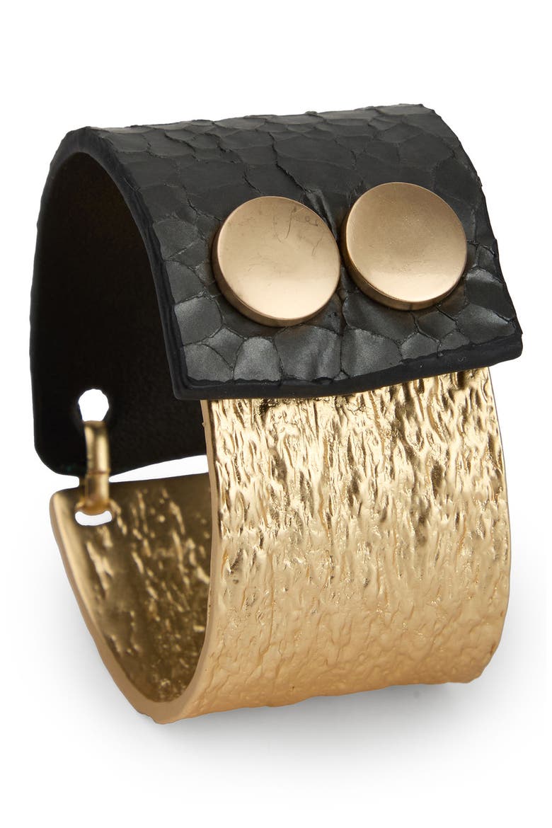 Textured Link Faux Leather Cuff Bracelet, Alternate, color, GOLD/BLACK