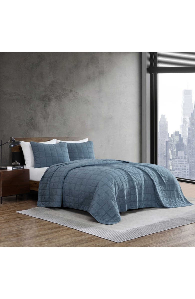 Kenneth Cole Reaction Stonewashed Solid Microfiber Quilt Set, Alternate, color, Medium / Dark Blue
