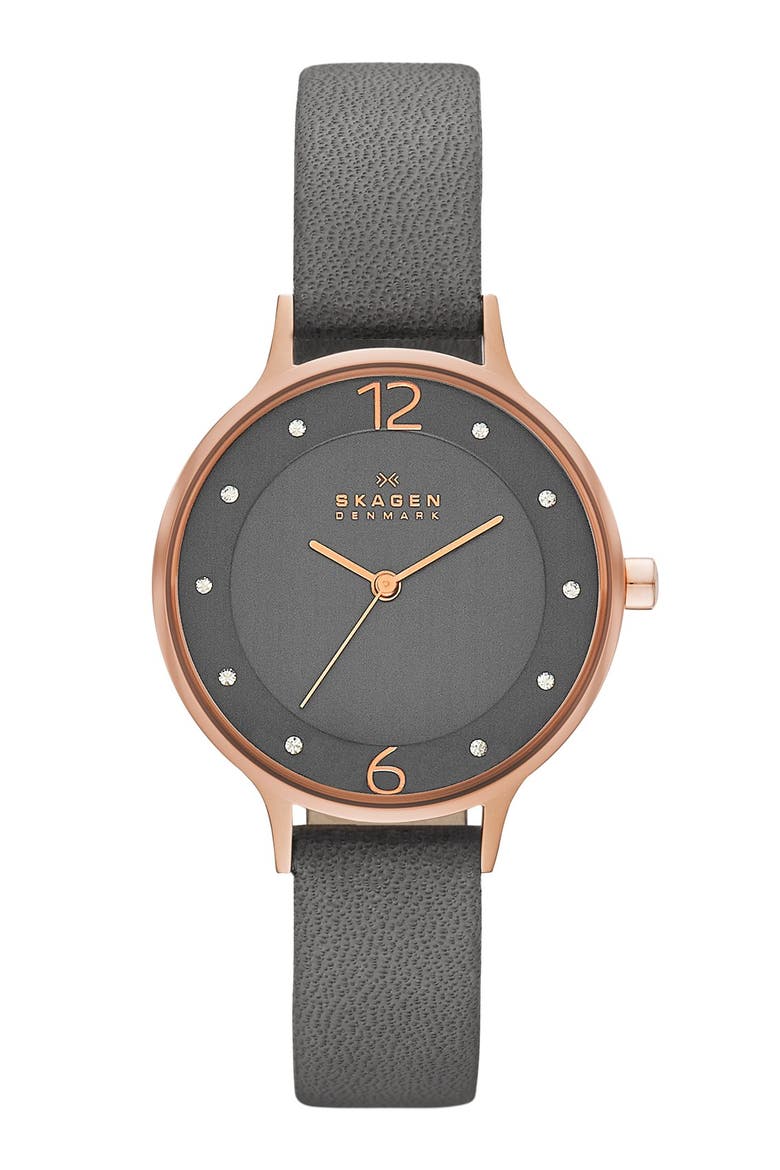 'Anita' Crystal Index Leather Strap Watch, 30mm, Main, color, GREY/ ROSE GOLD