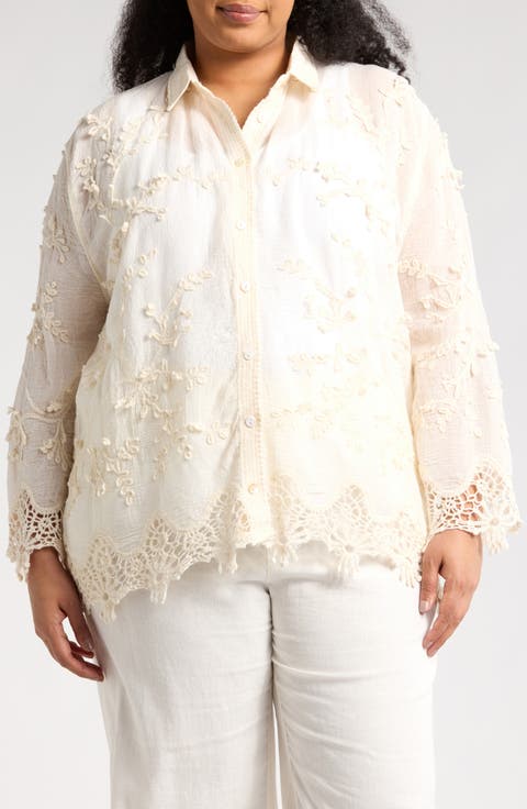 Floral Lace Button-Up Shirt (Plus)
