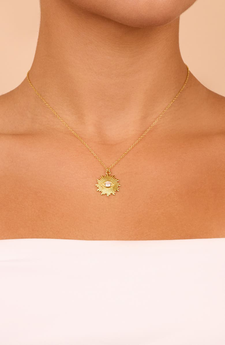 Sterling Forever 14K Gold Plated CZ Evil Eye Burst Necklace, Alternate, color, Gold