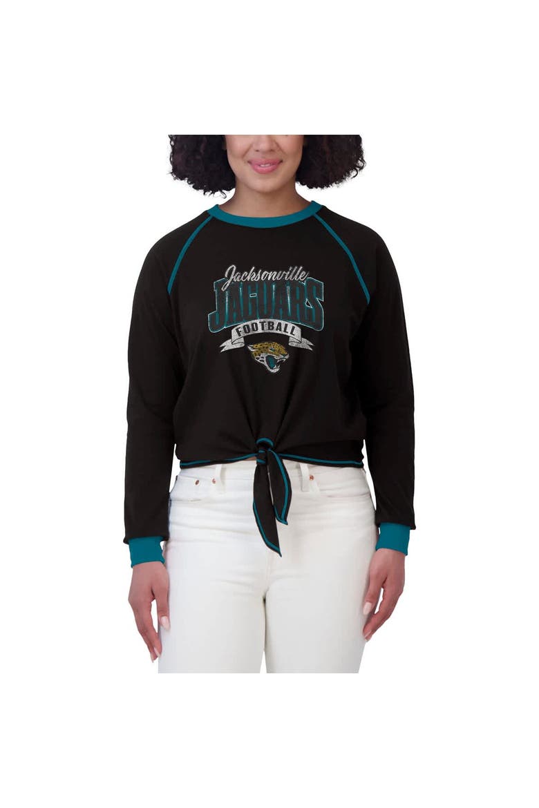 Women's WEAR by Erin Andrews Black/Teal Jacksonville Jaguars Tie-Front Long Sleeve Top, Alternate, color, Black