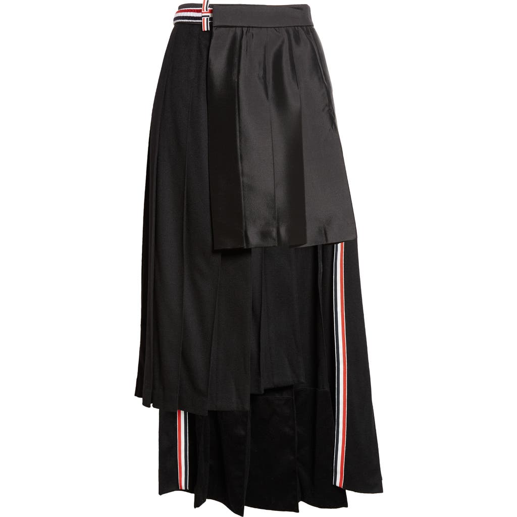 Thom Browne Pleated Asymmetric Mixed Media Wrap Skirt In Black