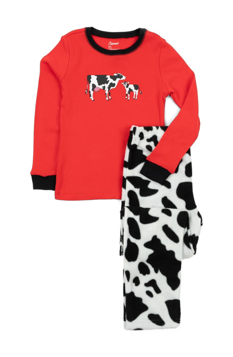 Leveret Kids Cotton Top & Fleece Pants Printed Matching Family Holiday Pajamas, Alternate, color, Cow