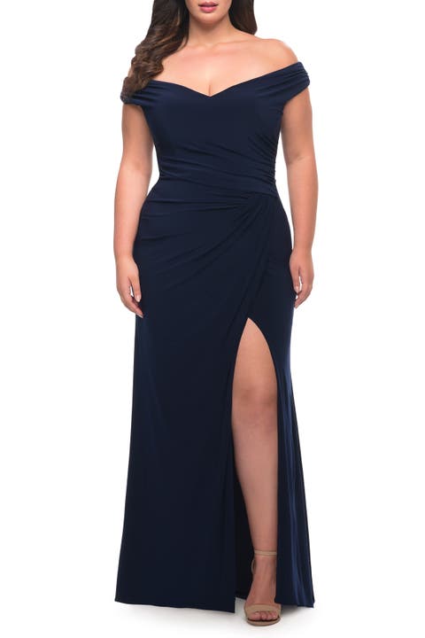 Matte Jersey Long Plus Dress with Ruching and Slit