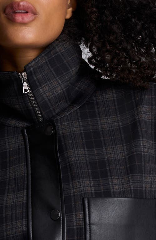 Kenneth Cole Plaid Crop Jacket With Faux Leather Trim In Black