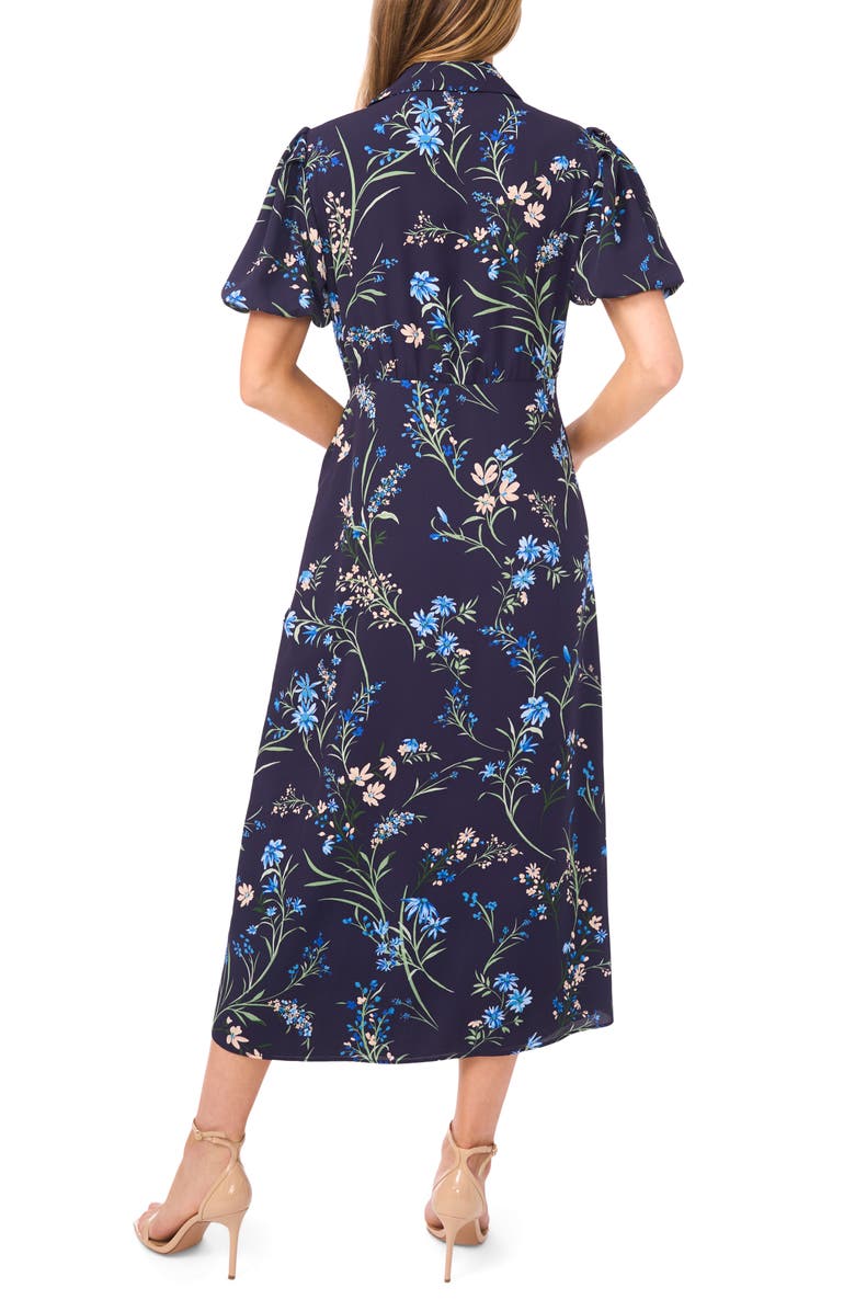 CeCe Floral Print Puff Sleeve Tie Waist Midi Dress, Alternate, color, Classic Navy