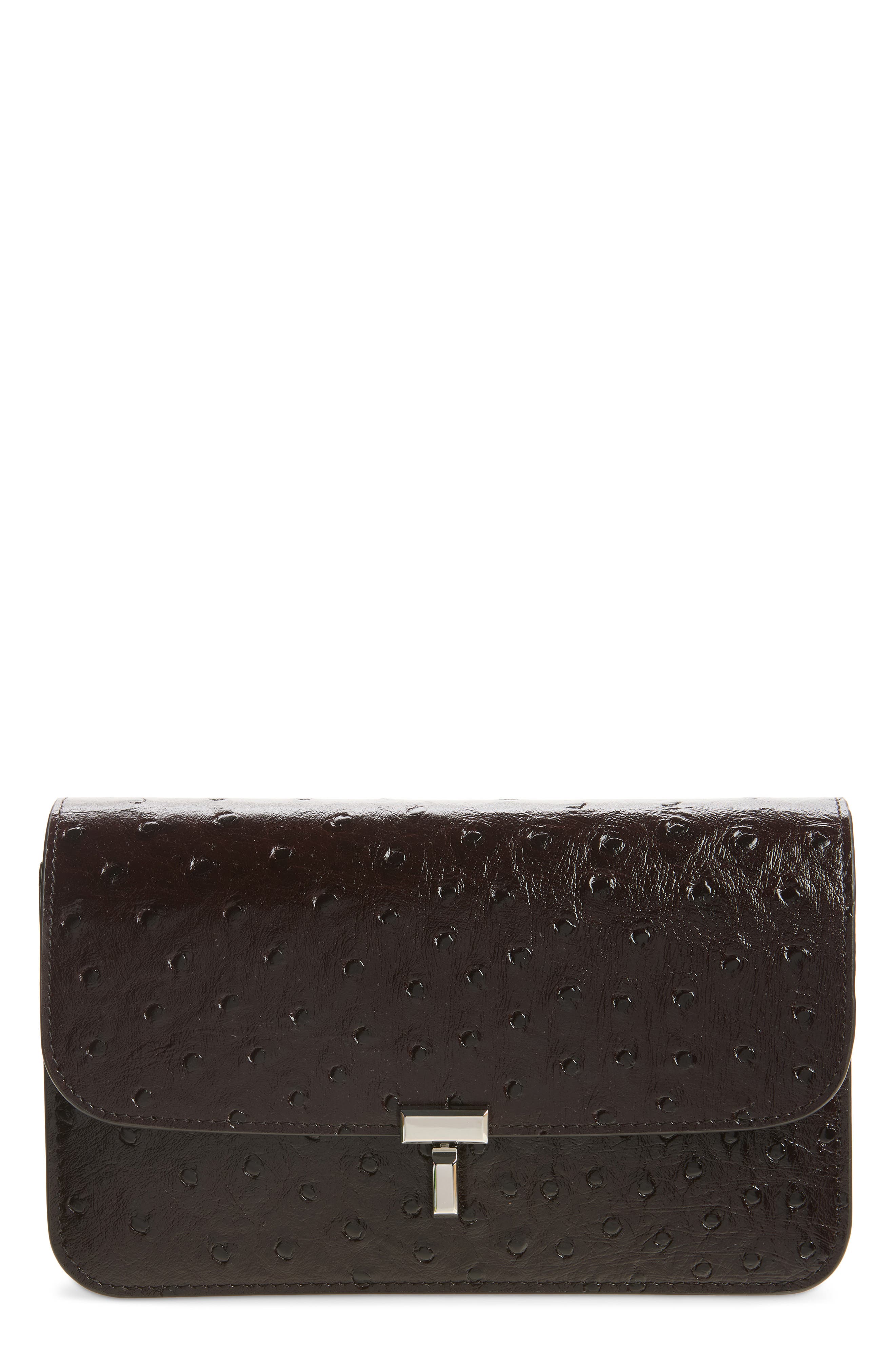 T-Lock Ostrich Embossed Leather Crossbody Bag, Main, color, BORDEAUX