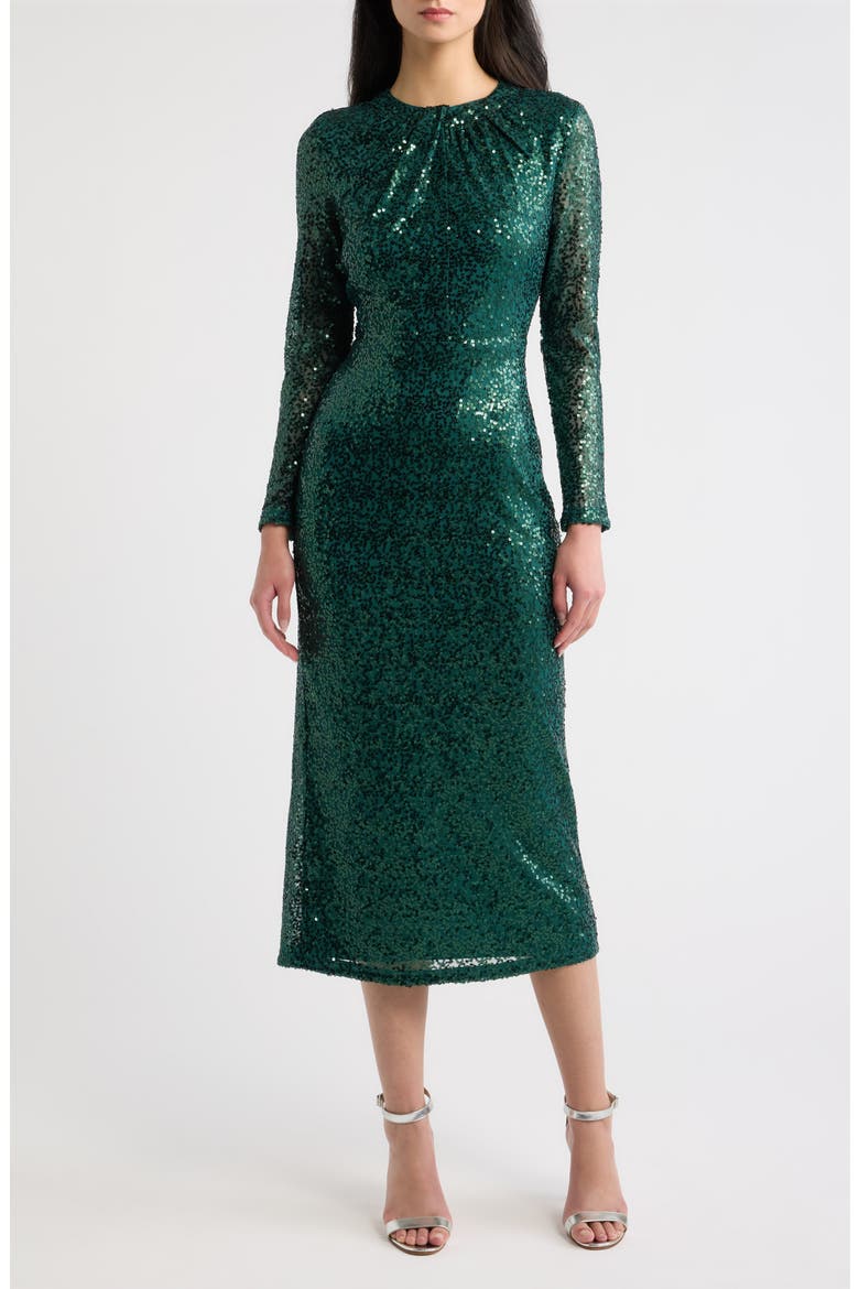 Sequin Twist Neckline Midi Dress, Main, color, DEEP JADE