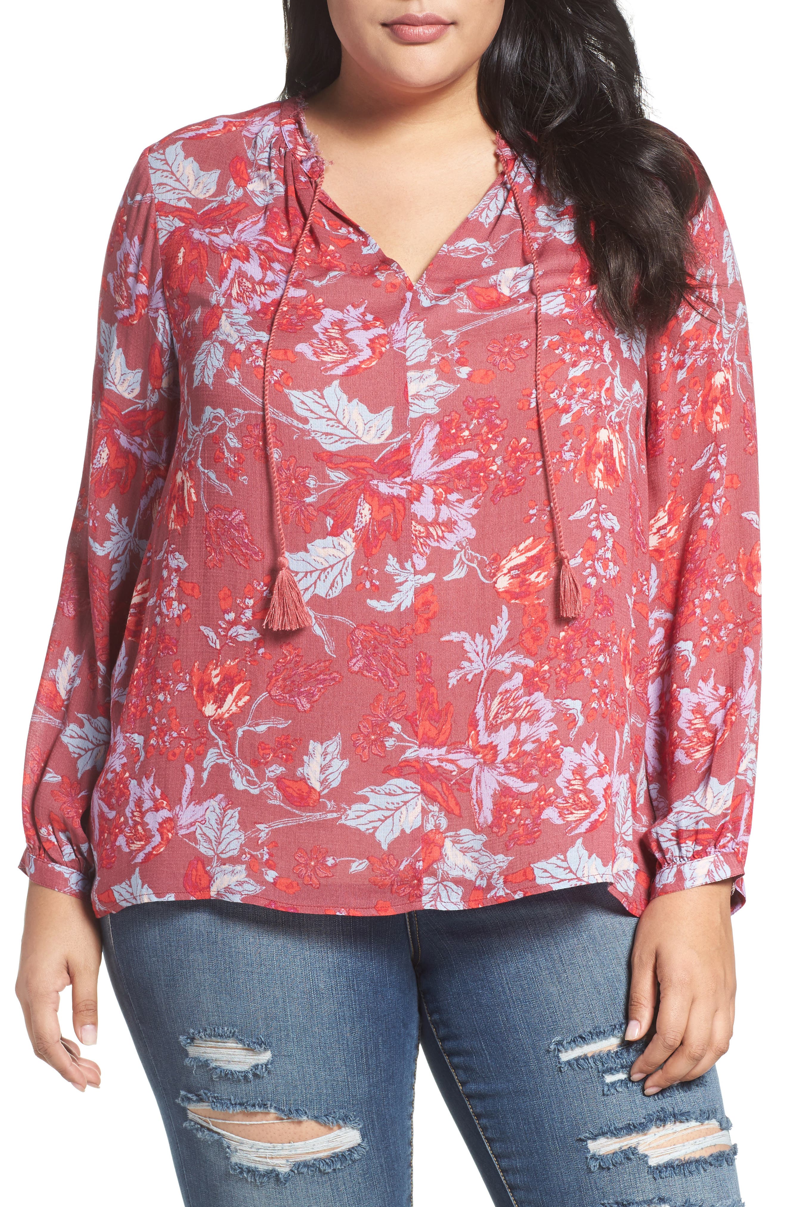 Lucky Brand Fringe Neck Floral Blouse